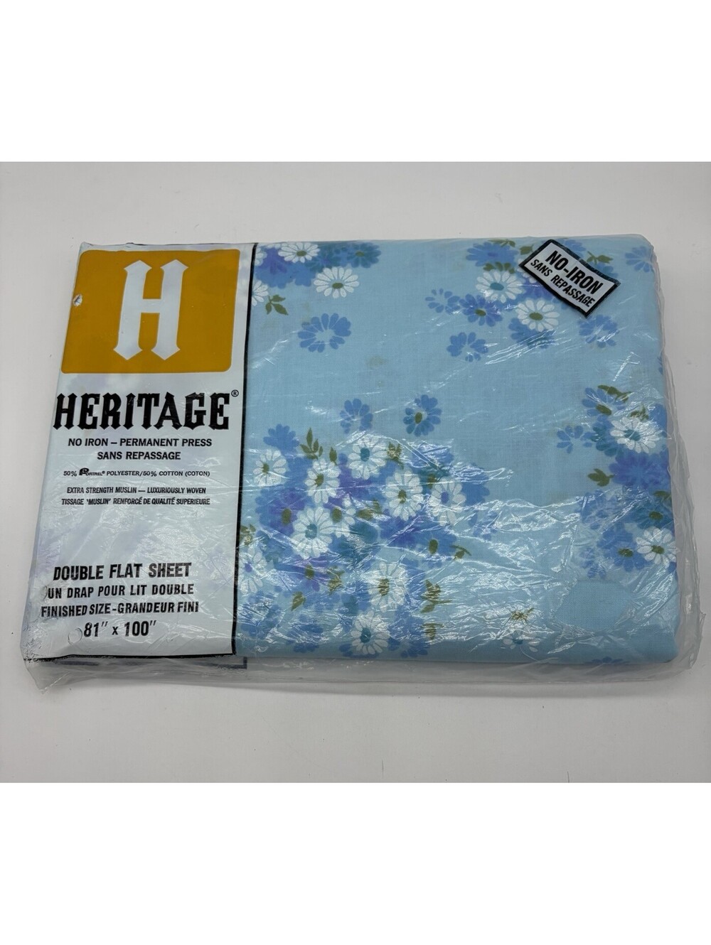 Vintage MCM Blue Floral White Daisies Double Flat Sheet Cotton Polyester USA NOS